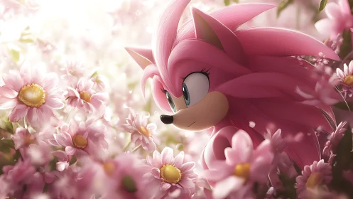 Petal-bright hedgehog heroine pauses amid rosy daylight blooms