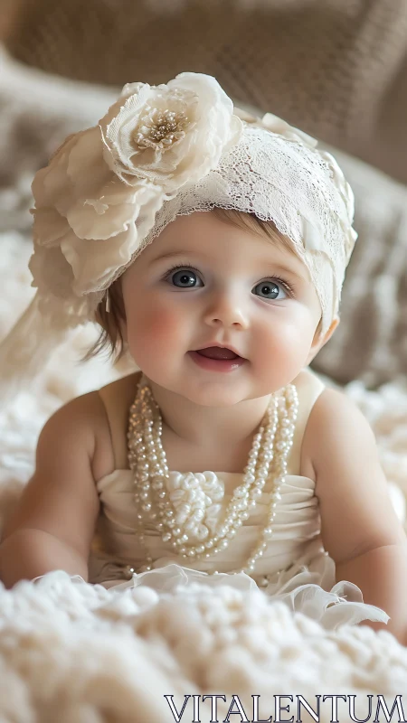 Elegant infant portrait with cream floral headpiece and pearl jewelry styling.