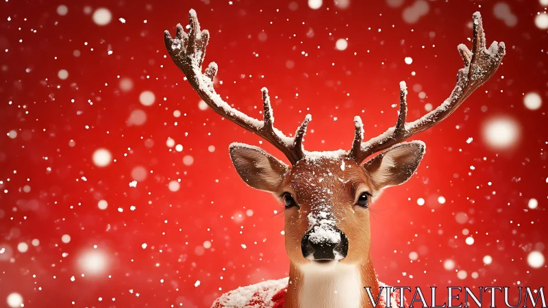 Snow-dusted reindeer portrait on luminous red backdrop.