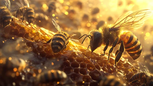 Macro 3D study of honeybees foraging on sunlit comb surface.