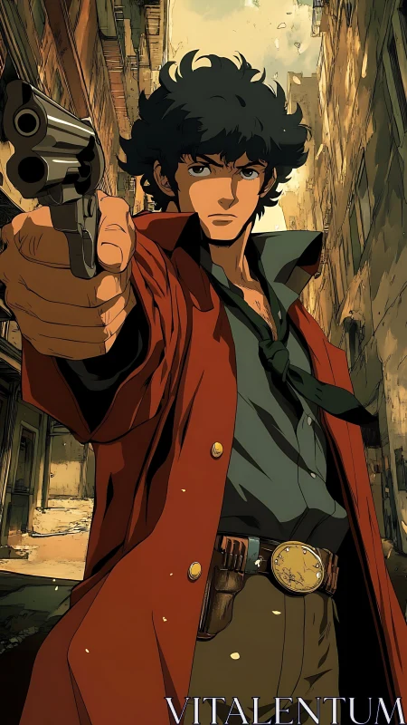 Grim alley gunslinger in crimson coat holds fate steady.