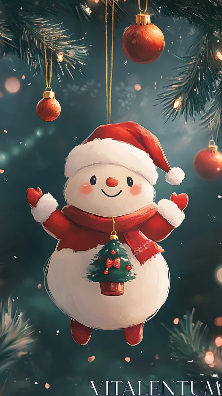 Cheerful snowman ornament in glowing festive bokeh scene.