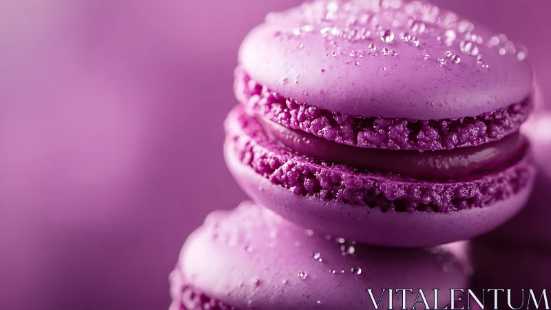 Sugared violet macarons stacked in a dreamy close-up.