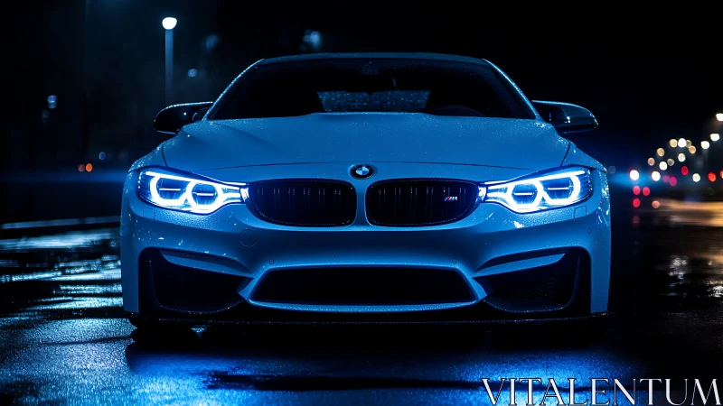 Front-facing performance coupe with bi-xenon optics at night.