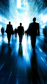 Silhouetted Business Professionals Walking Through Modern Urban Corridor