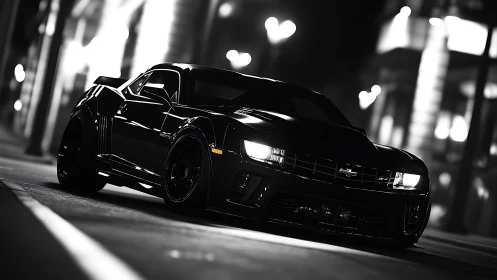 Low-angle monochrome render of widebody muscle car at night
