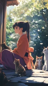 Young robed figure sits with multiple cats in forest light