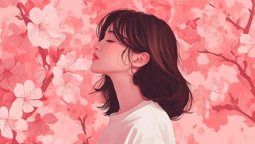 Woman in side profile stands against pink cherry blossoms