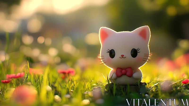 Cute White Kitten Figurine in Grass with Flowers