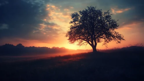 Lonely meadow tree drinks the last molten light of dusk