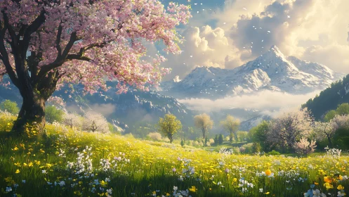 Mountain meadow with flowering tree and distant snow peaks.