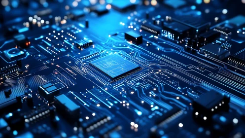 Neon circuitry skyline where microchips glow like city stars.