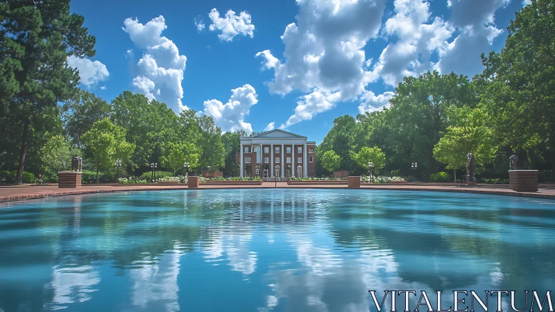 Campus hall reflects in tranquil fountain under vivid sky.