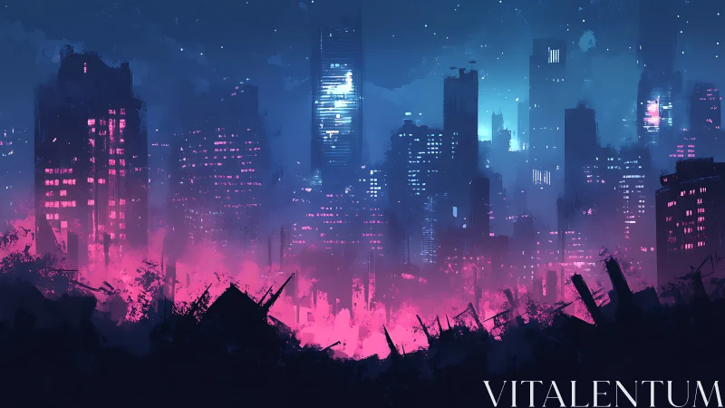 Neon lit futuristic city skyline over dark ruins at night.