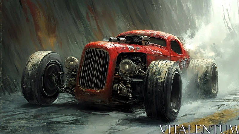 Post-apocalyptic red hot rod roars through misty highway.