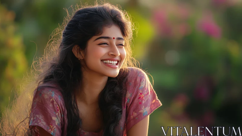 Sunlit garden laughter with a radiant, carefree young woman.