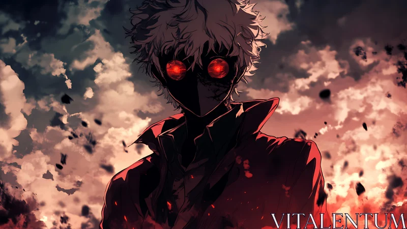 Red-eyed anime entity emerges amid apocalyptic burning clouds