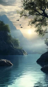 Sunlit mountain lake with misty cliffs and soaring birds
