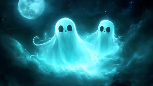 Two spectral forms float in a luminous blue nocturnal sky