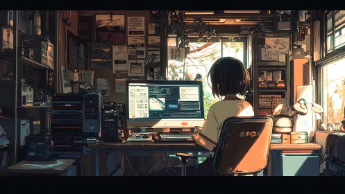 Cozy afternoon coder immersed in a sunlit creative nook.