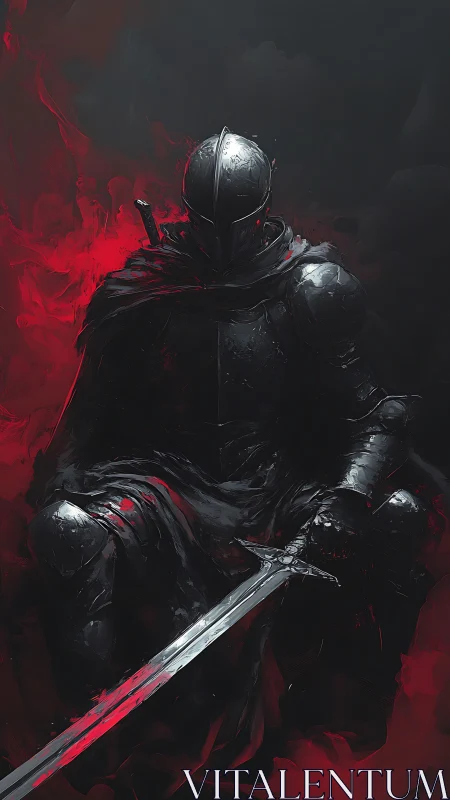 Armored dark knight rendered in high-contrast chiaroscuro red haze