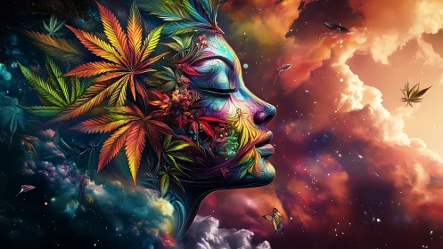 Psychedelic female profile merges with cosmic cannabis leaves
