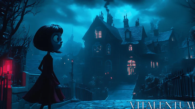 Nocturnal gothic manor under cyan moonlit atmospheric haze.