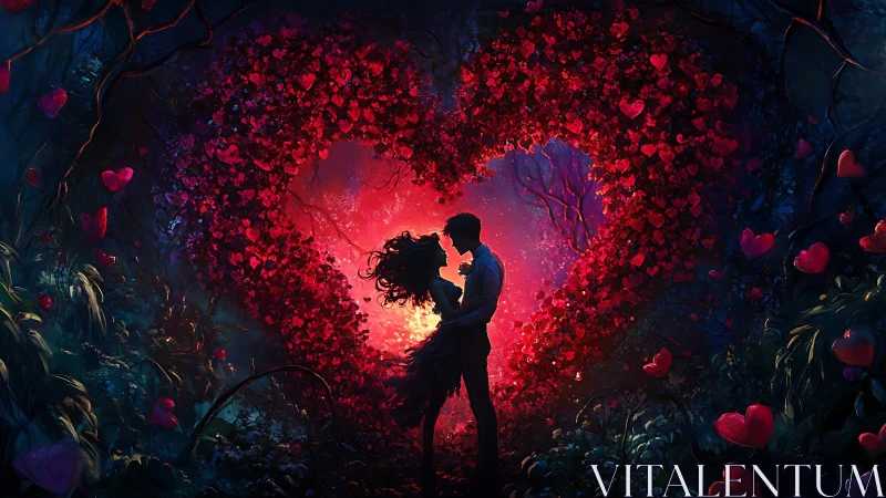 Two silhouetted figures embrace in explosive luminescent environment