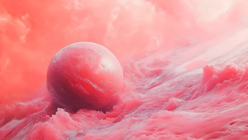 Pink sphere rests within turbulent textured pink waves