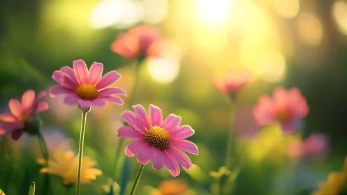 Magenta Daisies Dancing in Golden Hour Glow.