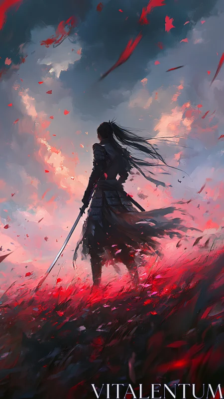 Solitary katana warrior in red field under storm-lit sky