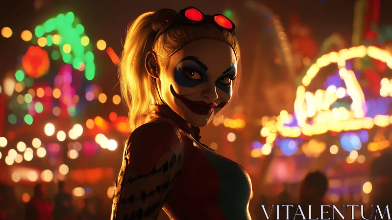 Female jester figure stands in neon-lit carnival environment