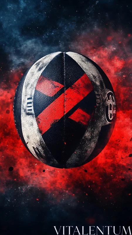 Rugby ball ignites in cosmic red and blue energy storm