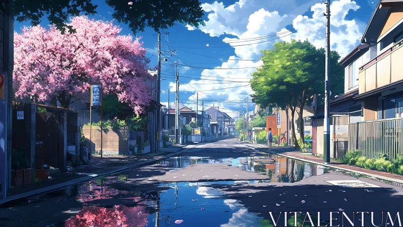 Sunlit suburban street shows wet asphalt and cherry blossoms reflected