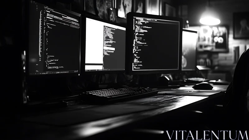 Monochrome multi-monitor coding workstation in low-key lighting.