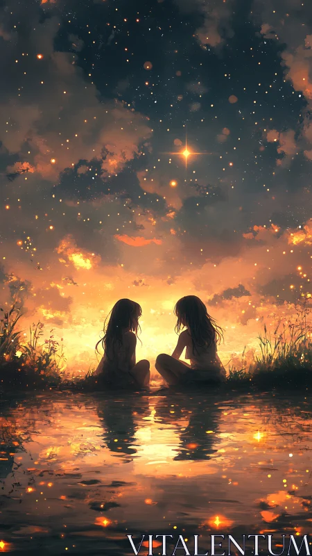 Digital painting of dusk river reflections with starglow silhouettes.