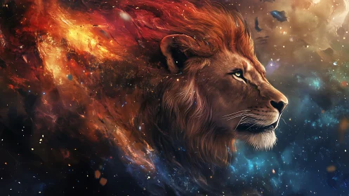 Stellar lion profile emerging through cosmic nebula fields.