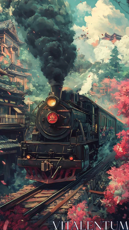 Steambound dusk train roaming through crimson blossom valleys.