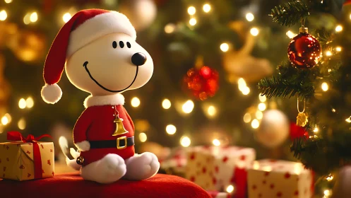 Festive cartoon dog figurine in glowing Christmas bokeh.