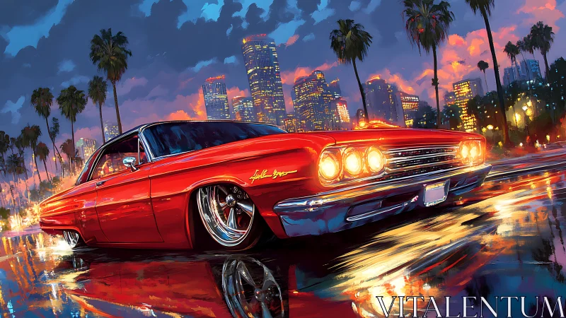Lowrider muscle car glows across neon-soaked city streets.