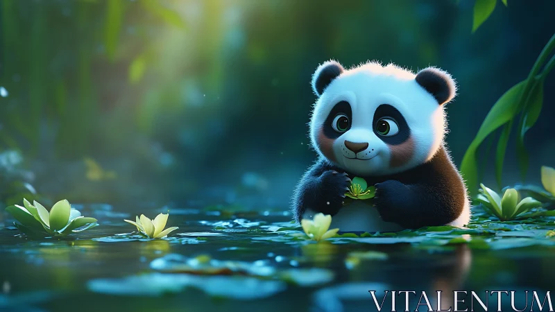 Cartoon panda in pond with water lilies under soft light.