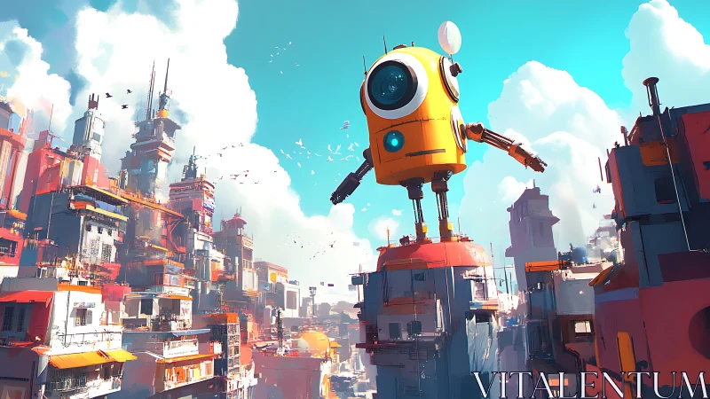 Giant orange robot surveys a colorful futuristic cityscape.