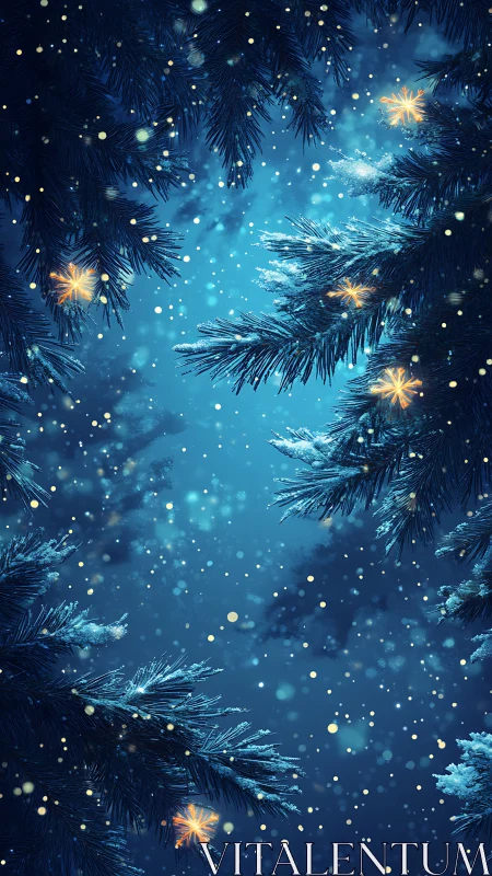 Snow-laden conifer branches frame luminous winter bokeh field