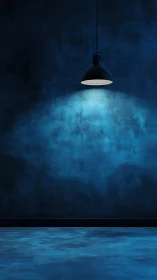 Moody blue corner gently lit by a quiet hanging lamp.