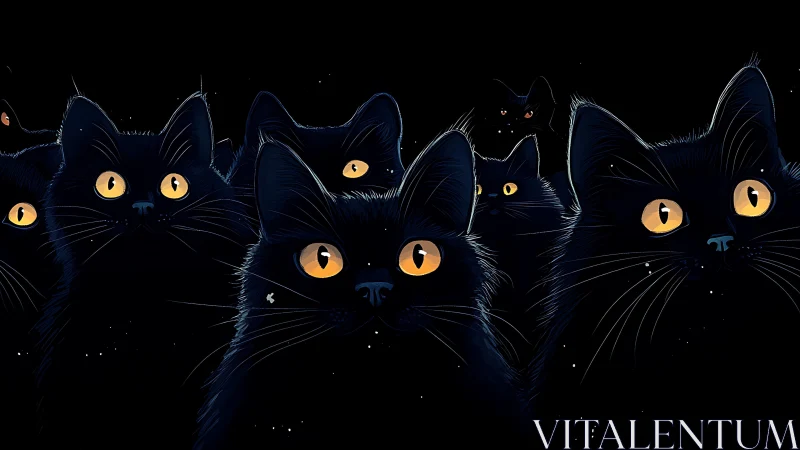 Neon-Eyed Black Cats Against Starlit Darkness.