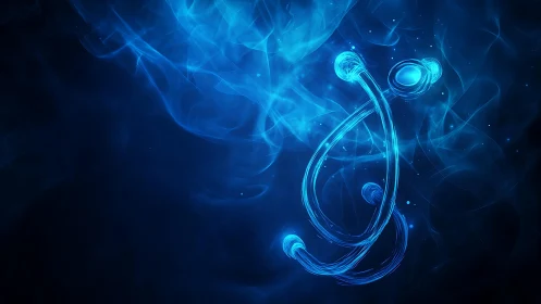 Glowing Blue Stethoscope in Abstract Digital Smoke Art Style.