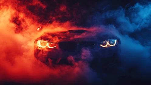 Sport sedan headlights cut through red and blue smoke.
