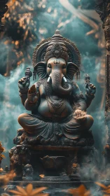 Ornate seated Ganesha sculpture amid cinematic teal smoke