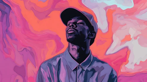 Portrait silhouette against swirling neon gradients.