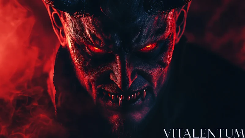 Demonic horned figure with glowing eyes in red smoke.
